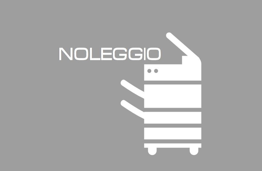 Icona bianca su sfondo grigio con Fotocopiatrice professionale e scritta Noleggio.