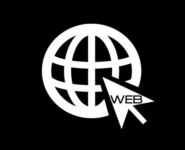Icona bianca su sfondo nero con simbolo di Internet con puntatore mouse con la scritta WEB.