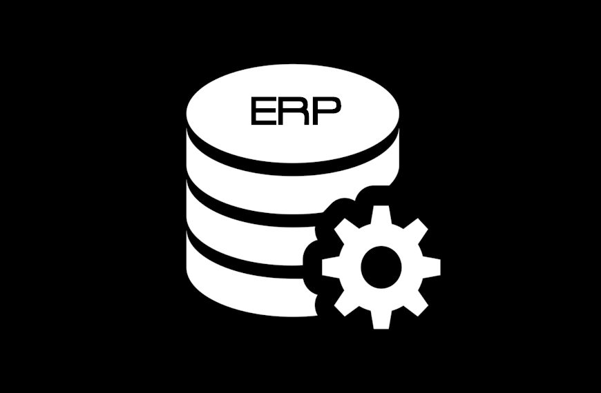 Icona bianca su sfondo nero con cilindro e ingranaggio, simbolo del database, con sopra la scritta ERP