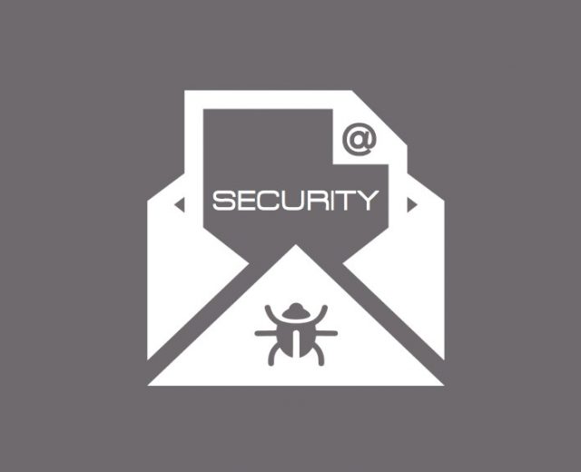 Icona bianca su sfondo grigio con immagine della messaggio di posta elettronica con insetto simbolo dell'antivirus